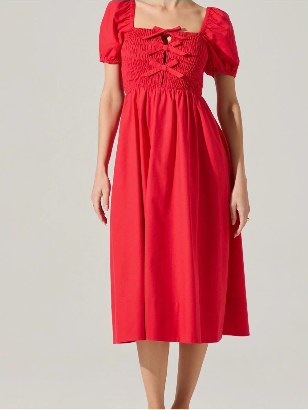 ASTR Bow Smocked Bodice Midi Dress in Red